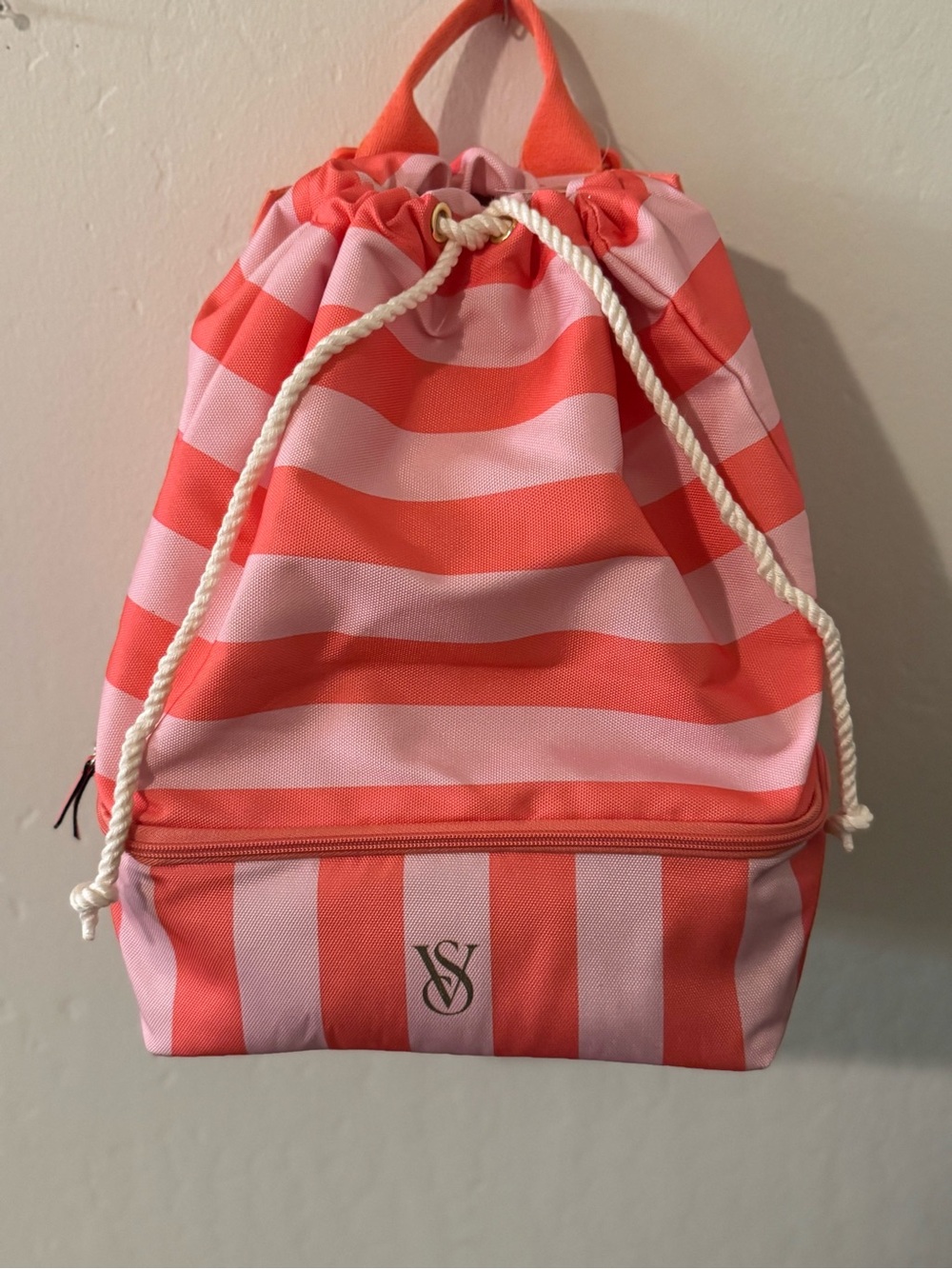 Victoria's Secret Pink & Coral Striped Drawstring Backpack